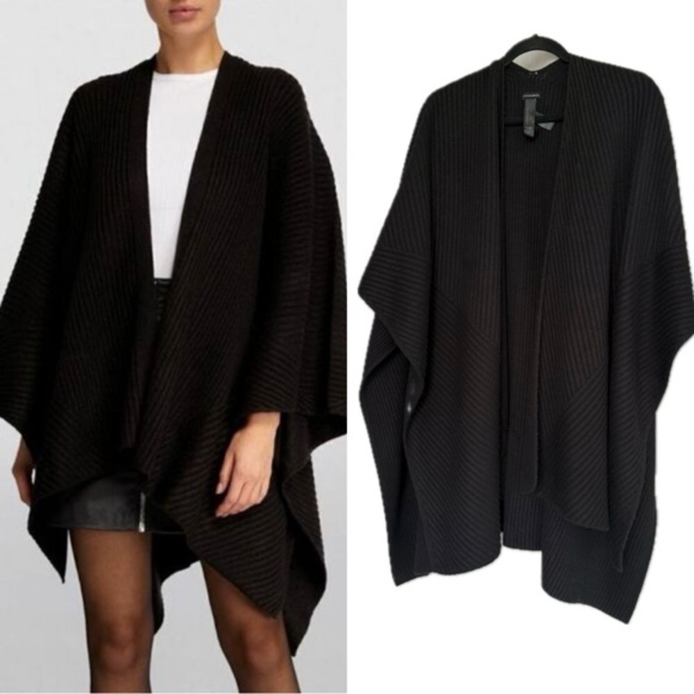 All Saints Ruana Rib Chunky Knit Black Open Cardigan One Size